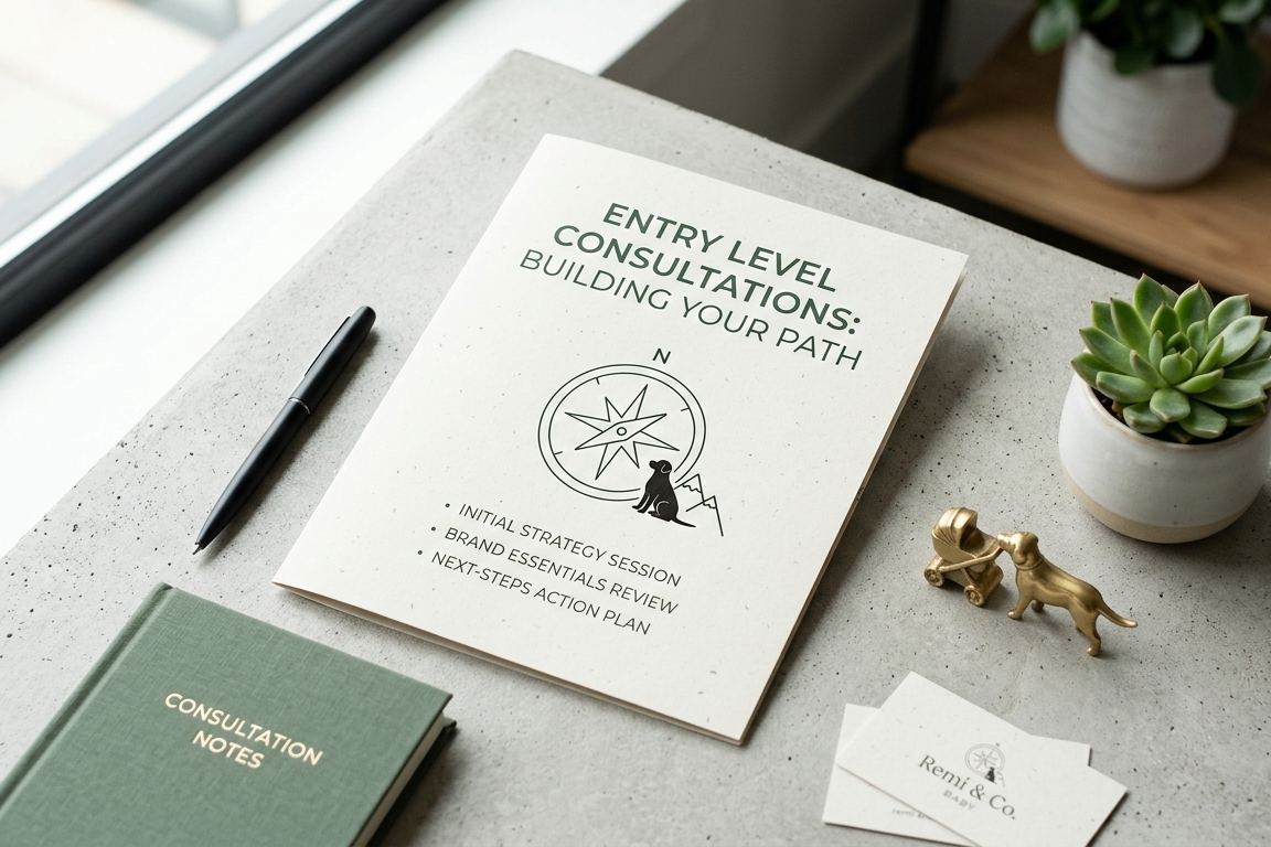 Book titled 'Entry Level Consultations: Building Your Path' on a desk with a pen and plant.